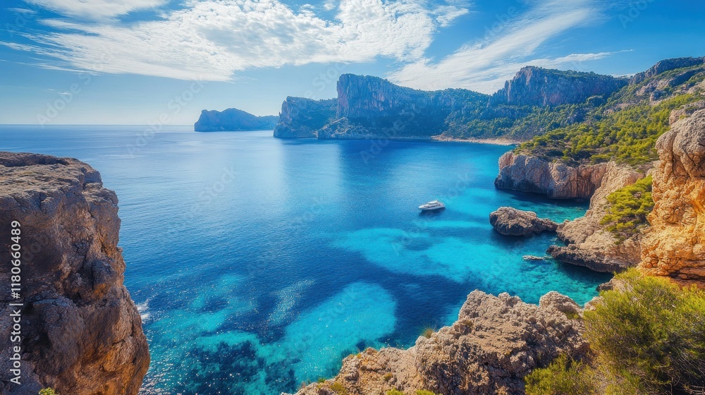 A stunning coastal view showcasing clear blue waters and rocky cliffs under a bright sky. A stunning coastal view showcasing clear blue waters and rocky cliffs under a bright sky.