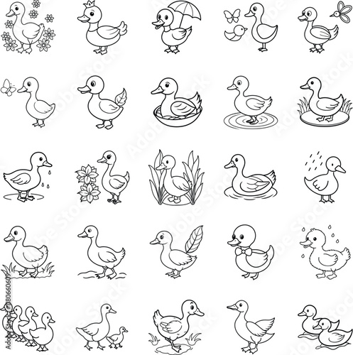 Photography Adorable Cartoon Ducks Coloring Page Illustrations, Cute Birds