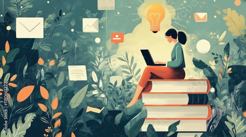  Woman Working on Laptop Amid Creative Floral Elements