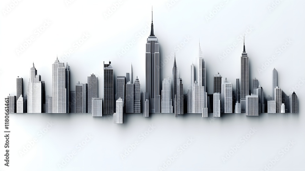 Obraz premium Monochromatic cityscape skyline model against white background.