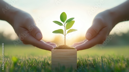 Two hands are holding a small plant in a wooden box