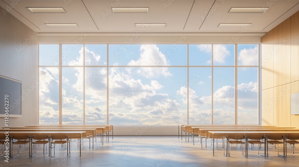 Fototapeta premium Modern classroom with large windows offering a scenic view.