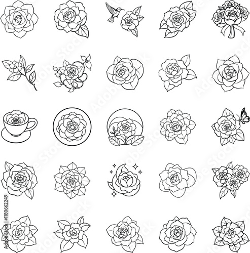 Floral Line Art Designs Roses, Birds, and Teacup Illustrations