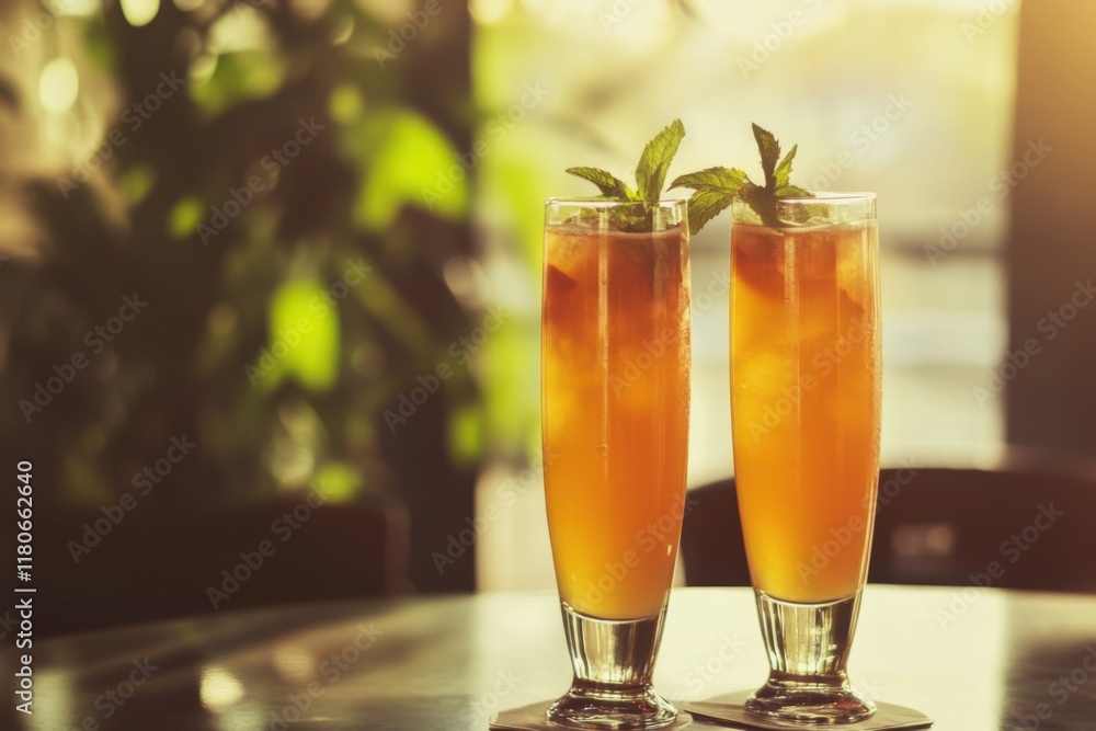 Two Refreshing Iced Drinks With Mint Garnish Two Refreshing Iced Drinks With Mint Garnish