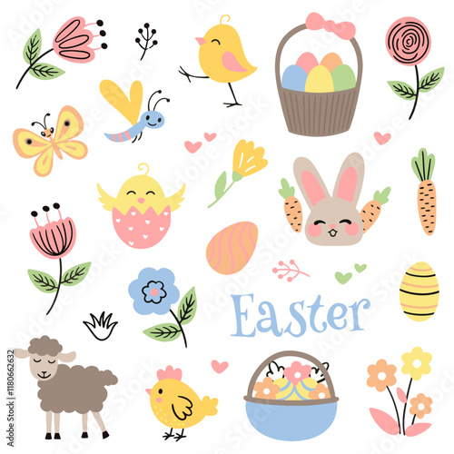 Set of cute Easter characters and elements. Easter bunny, chicks, eggs and flowers. Vector illustration.