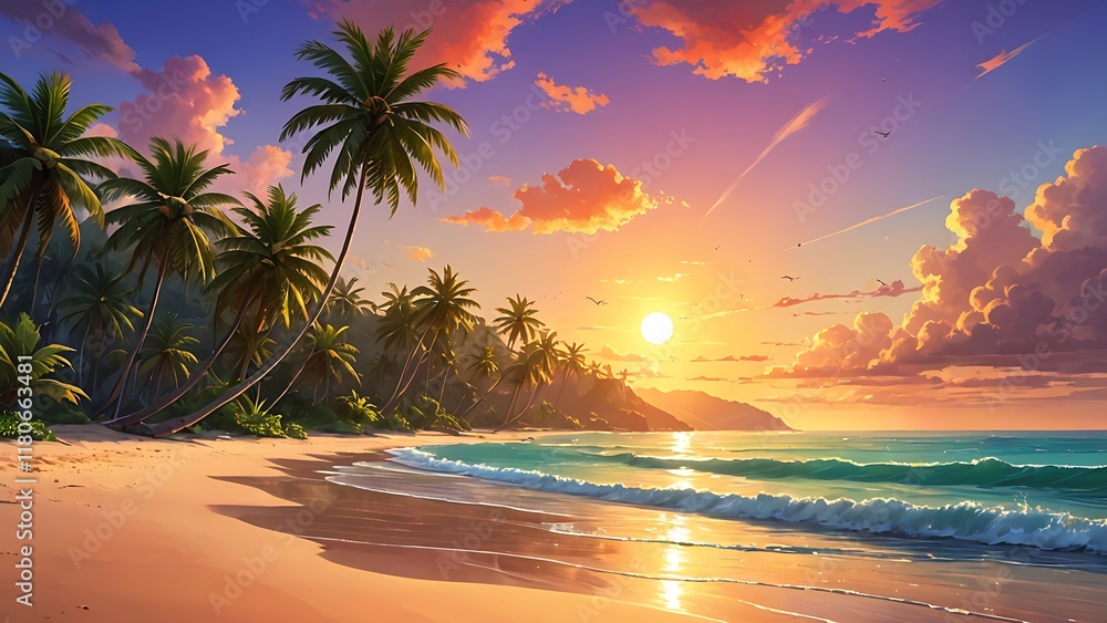Fototapeta premium Tropical beach at sunset with palm trees and golden sky reflecting on peaceful ocean