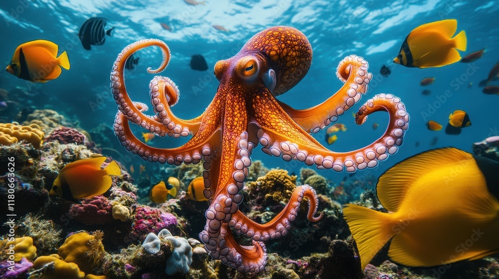 Obraz premium Vibrant octopus in coral reef with fish. Perfect for marine life, ocean, or wildlife documentaries and websites.