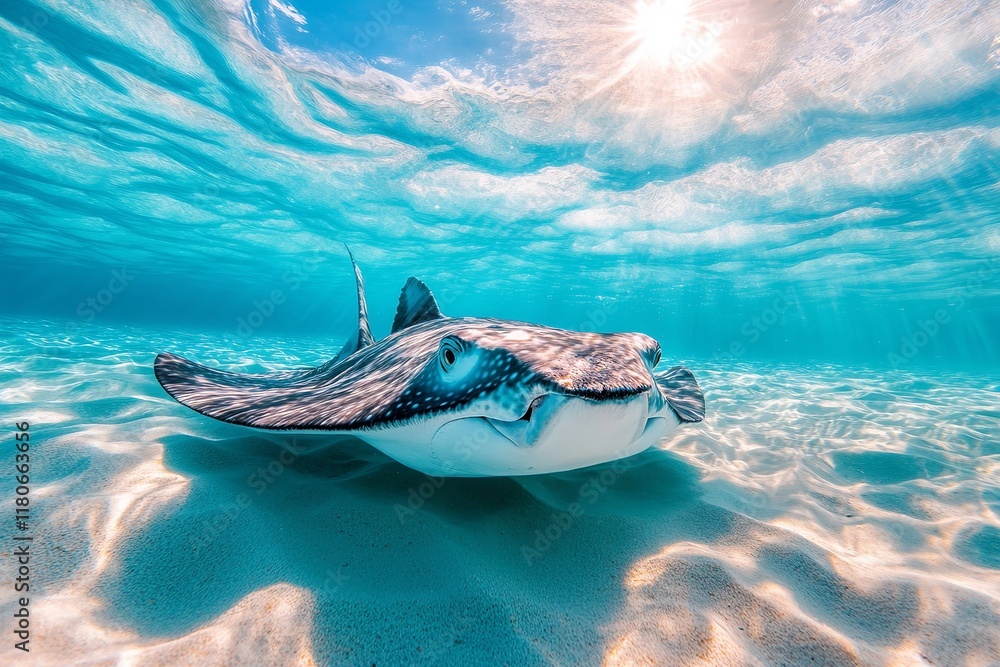 Fototapeta premium A stingray glides effortlessly over a sandy ocean floor, surrounded by sunlight filtering through turquoise waters, creating a breathtaking underwater landscape