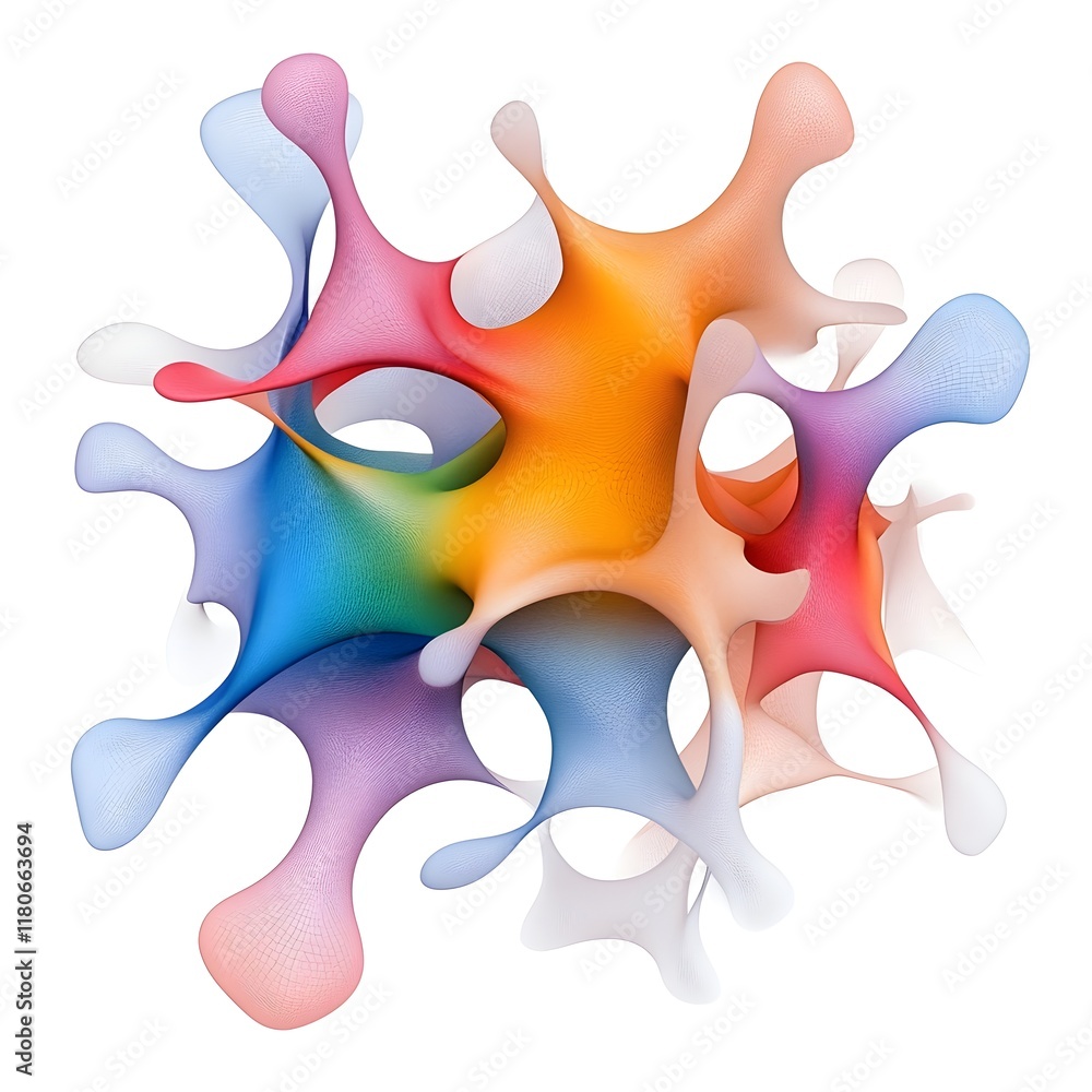 This image showcases a dynamic, 3D abstract design featuring interconnected blob-like shapes in a spectrum of colors. This image showcases a dynamic, 3D abstract design featuring interconnected blob-like shapes in a spectrum of colors.