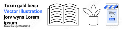 Open book with visible pages, potted plant, and smartphone with a shopping cart app. Ideal for education, e-commerce, mobile apps, online stores, e-books, learning platforms, and user interfaces