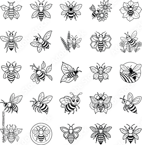 Adorable Bee Illustrations Line Art, Honeycomb, Flowers, Nature