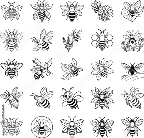 TwentyFive Adorable Bee Illustrations Honeycomb, Flowers, Nature