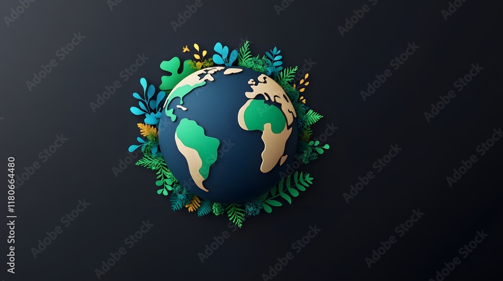 Vibrant Earth Day Concept with Global Ecology and Nature Elements of a green planet Earth surrounded by lush foliage plants and environmental conservation symbols Vibrant Earth Day Concept with Global Ecology and Nature Elements of a green planet Earth surrounded by lush foliage plants and environmental conservation symbols