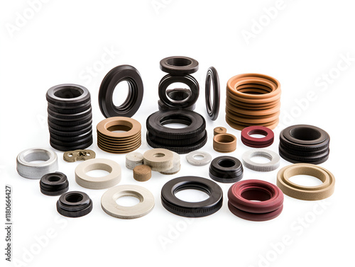 Assorted industrial seals and gaskets, isolated, essential for machinery. isolated on white background photo