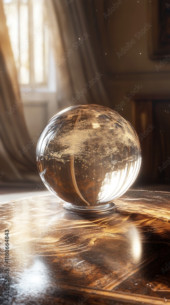 Crystal ball on a wooden table in a room with a window. Crystal ball on a wooden table in a room with a window.