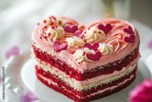 Red Velvet Heart Shaped Cake With Frosting And Hearts photo