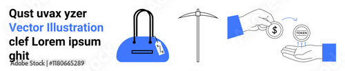 Blue handbag with price tag, pickaxe tool, hand dropping coin into another hand, labeled text blocks. Ideal for e-commerce, retail, finance, online transactions, shopping business processes