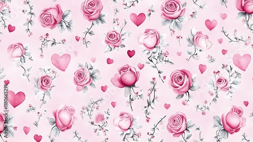 Rose and vine flower pattern on beautiful background with heart shaped pattern