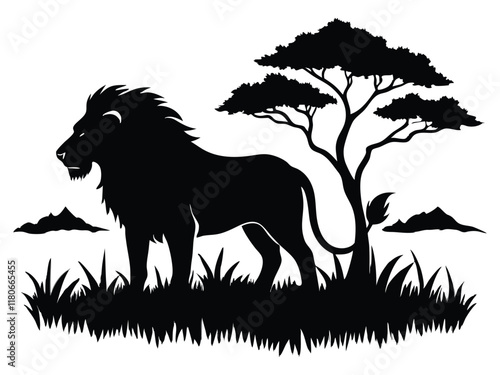 back lion silhouette in savanna on white background