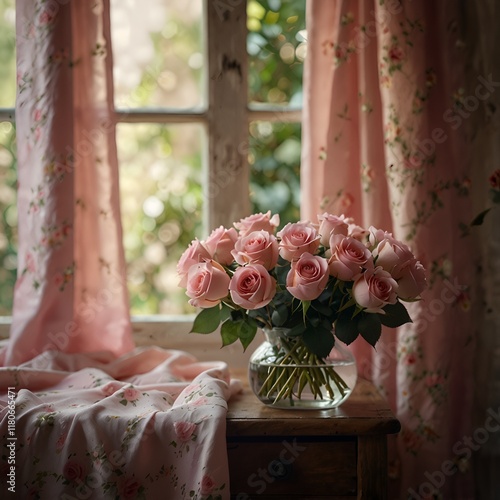 pink curtains and pink roses in av ase photo