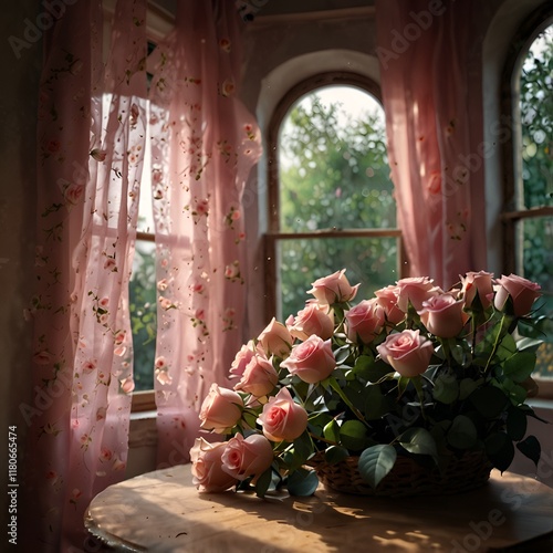 pink curtains and pink roses in av ase photo