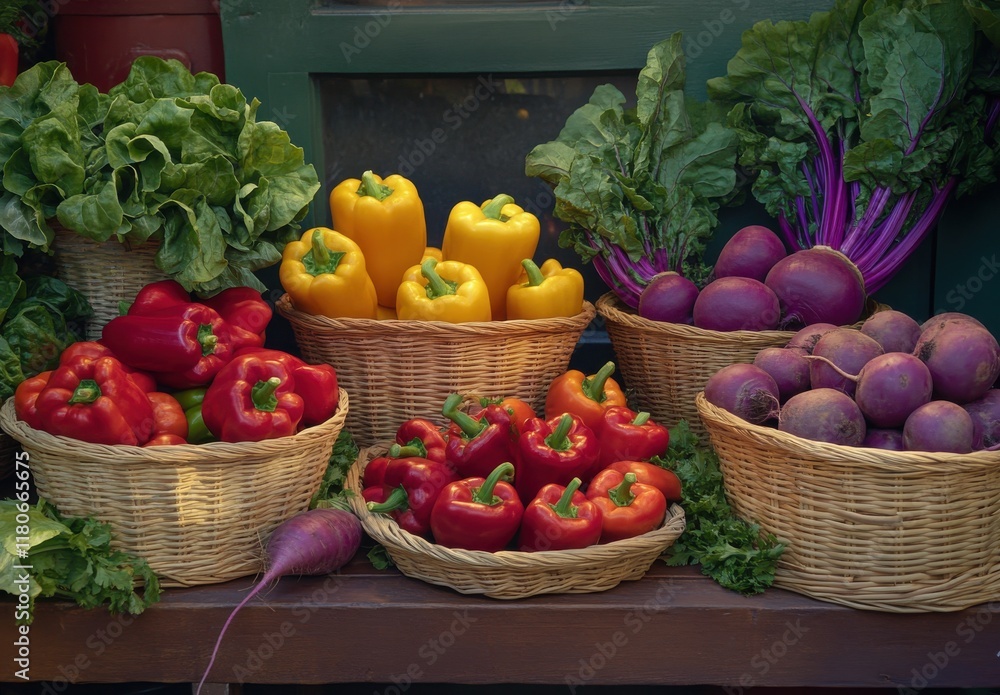 Freshly Harvested Vegetables Displayed in Baskets with Vibrant Colors in a Rustic Setting, Perfect for Promoting Healthy Eating and Farm-to-Table Cooking Ideas Freshly Harvested Vegetables Displayed in Baskets with Vibrant Colors in a Rustic Setting, Perfect for Promoting Healthy Eating and Farm-to-Table Cooking Ideas