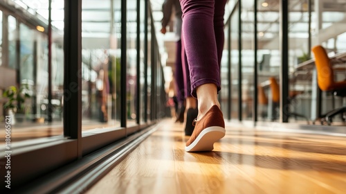 Modern Office  Casual Business  Walking Feet  Hardwood Floor  Blurred Background