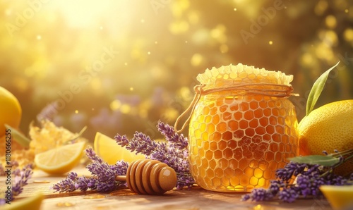 image of a beautiful glass jar filled with honey placed on a wooden table, surrounded by honeycomb, sprigs of fresh lavender and several lemon slices, against a warm gold soft focus background  photo