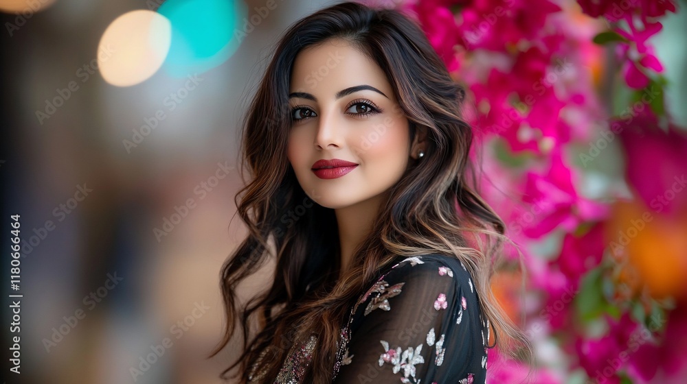 Portrait of a beautiful young woman with long brown hair and red lipstick, posing near pink flowers. Portrait of a beautiful young woman with long brown hair and red lipstick, posing near pink flowers.