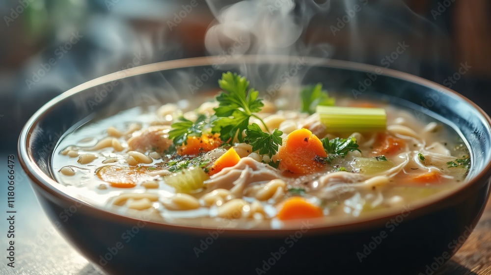 Steaming Chicken Noodle Soup with Fresh Vegetables and Herbs Steaming Chicken Noodle Soup with Fresh Vegetables and Herbs
