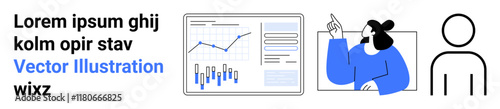 Bar chart, line graph, professional person pointing, abstract icons, blue and black design, text block. Ideal for business, analytics, presentations, infographics, data science, seminars. Landing