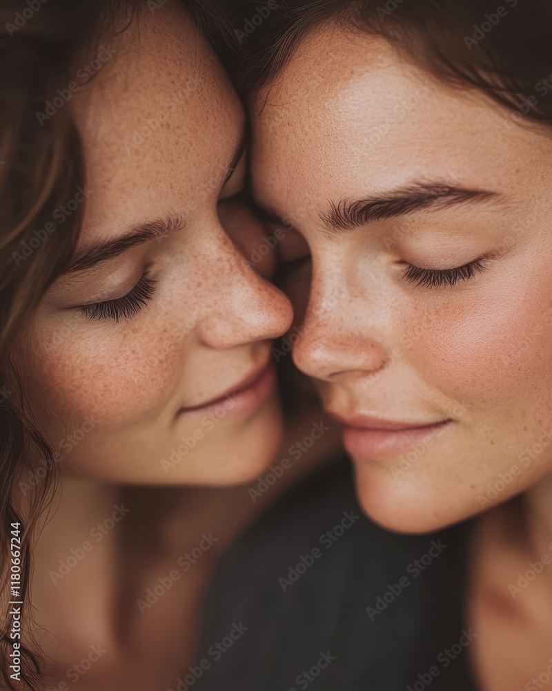 Two women are hugging each other and their faces are reflected in the mirror Two women are hugging each other and their faces are reflected in the mirror