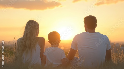 A family of three sits on the grass, watching the sun set