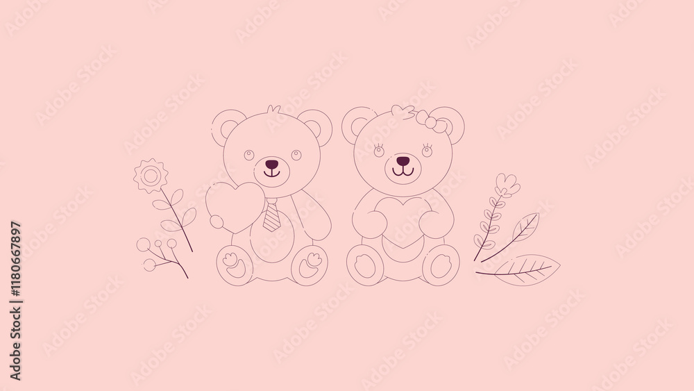Cute Teddy Bear Couple Line Art Vector Cute Teddy Bear Couple Line Art Vector