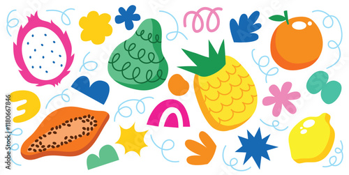 Hand drawn fruits and abstract shape element vector