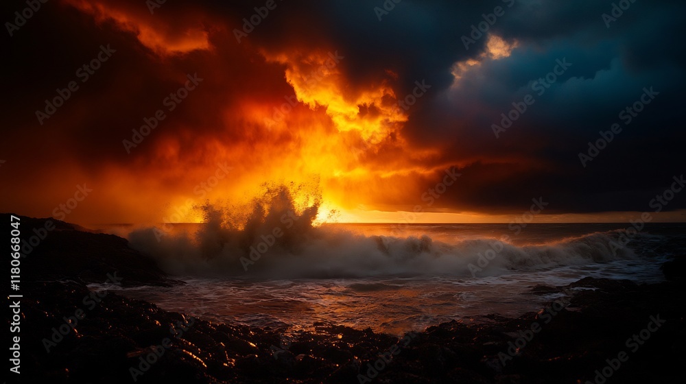 Fiery Sunset Ocean Waves Crashing on Rocky Shore Fiery Sunset Ocean Waves Crashing on Rocky Shore