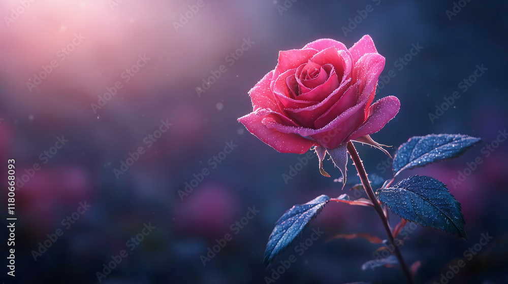 Obraz premium Pink Rose with Dewdrops in Soft Morning Light
