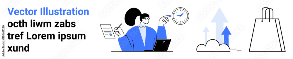 Businesswoman analyzing data with clipboard and laptop, clock, up arrows, shopping bag. Ideal for business analysis, productivity, efficiency, growth ecommerce marketing deadlines. Landing page Businesswoman analyzing data with clipboard and laptop, clock, up arrows, shopping bag. Ideal for business analysis, productivity, efficiency, growth ecommerce marketing deadlines. Landing page