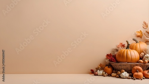 Autumn Thanksgiving holiday sale banner background with empty copy space Without Text, Thanksgiving theme minimalist beige web banner poster background, colorful fall leaves, pine with pumpkin