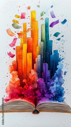 Colorful Explosion of Money and Numbers Emerging from an Open Book in Creative Design