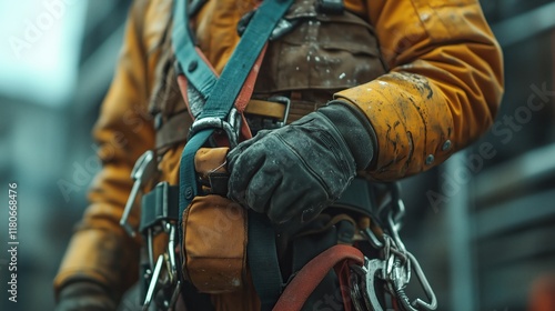  Industrial Worker with Safety Harness and Gear Close-Up