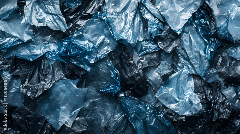 Abstract composition of crumpled clear plastic and blue film sheets creating a textured background for modern design and environmental awareness concepts. Snowwoven. Illustration Abstract composition of crumpled clear plastic and blue film sheets creating a textured background for modern design and environmental awareness concepts. Snowwoven. Illustration