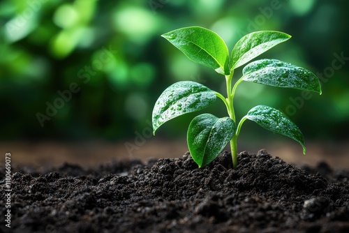 Young plant sprout emerges from dark soil, leaves glistening with water droplets. Perfect for illustrating growth, nature, or environmental themes. photo