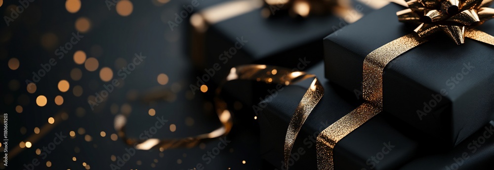 Elegant black gift boxes with gold ribbon and bokeh lights. Elegant black gift boxes with gold ribbon and bokeh lights.