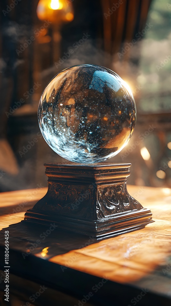 Crystal ball on a wooden table in a room with a window. Crystal ball on a wooden table in a room with a window.