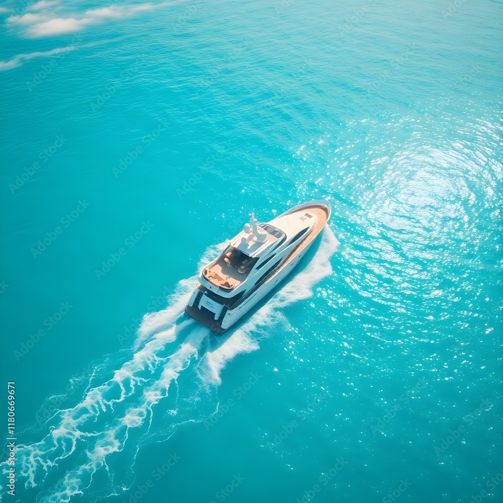 Naklejka premium High-angle aerial drone shot depicting a luxurious yacht traversing crystalin the Caribbean Sea on a sunn