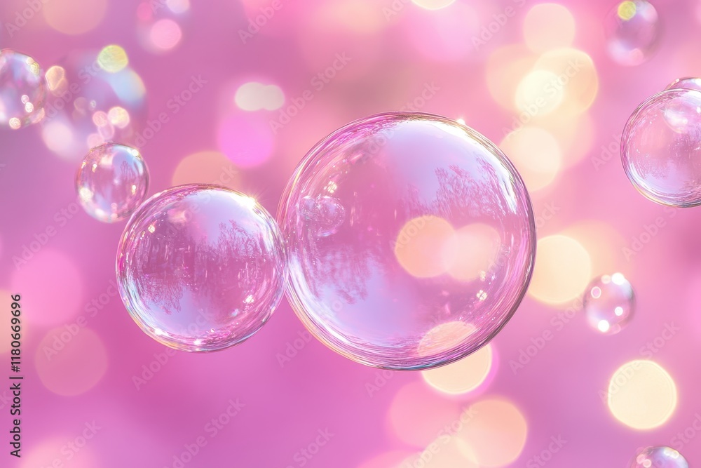 Pink soap bubbles float on a bokeh background. Perfect for feminine, dreamy, or cosmetic designs. Pink soap bubbles float on a bokeh background. Perfect for feminine, dreamy, or cosmetic designs.