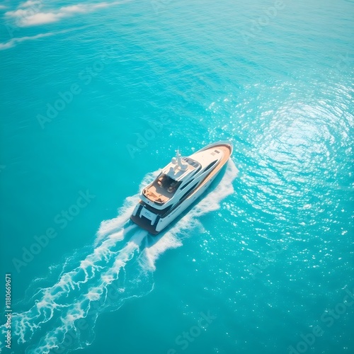 High-angle aerial drone shot depicting a luxurious yacht traversing crystalin the Caribbean Sea on a sunn photo