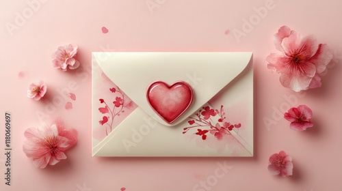 Hand-Painted Envelope with Heart Design Surrounded by Flowers