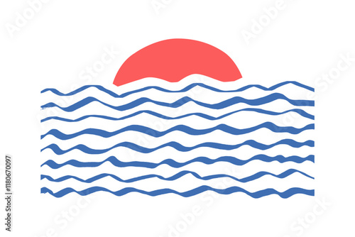 Scribble ocean wave. Ripple water illustration. Sunset sea squiggly lines doodle. Minimalist design scenery.